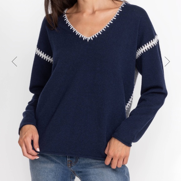Johnny Was Sweaters - Johnny Was Whipstitch Sweater in Navy and Gray Wool and Cashmere Blend Size M